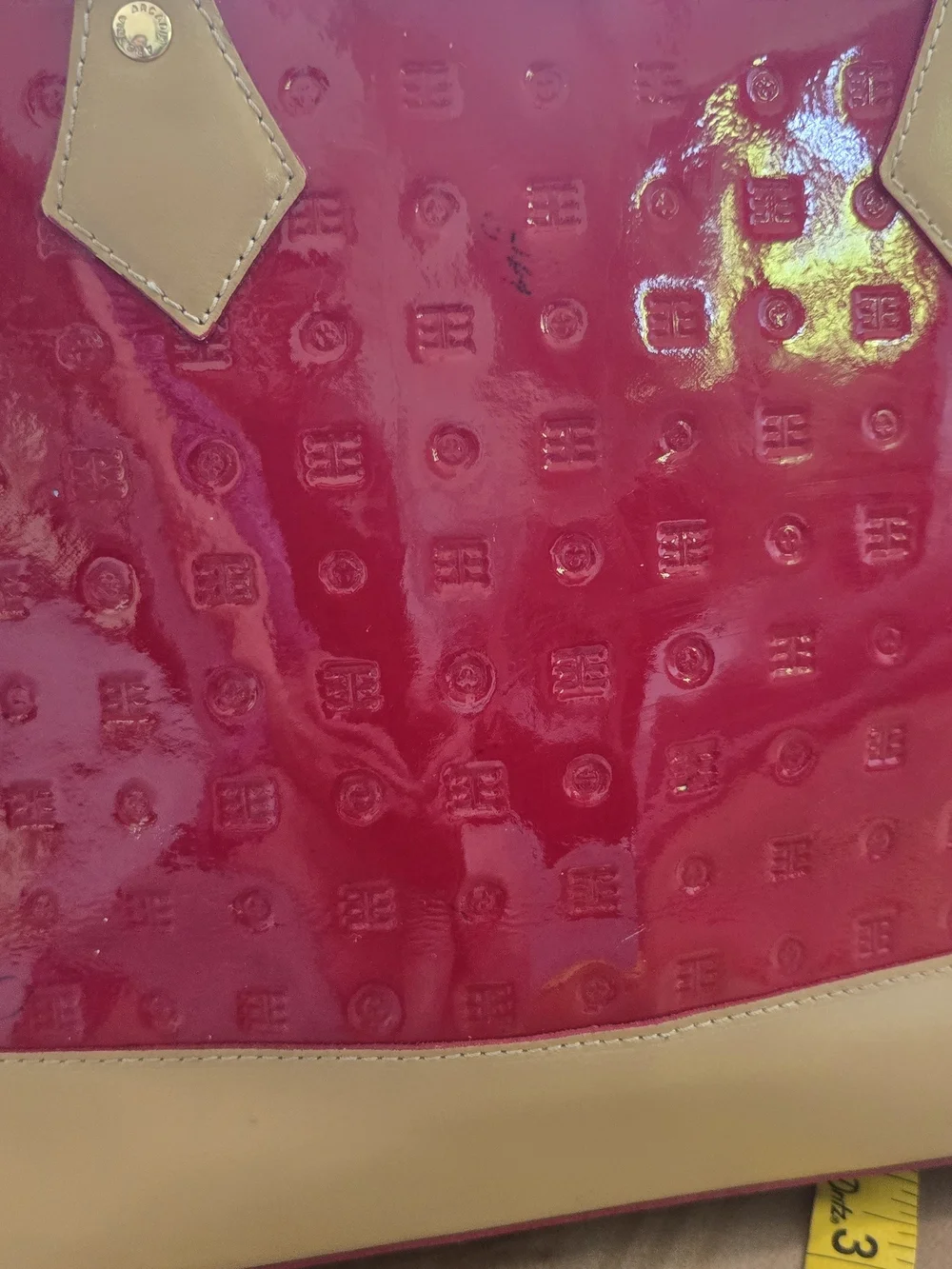 Arcadia Italy Red Patent Leather Embossed Monogram Dome Satchel Handbag